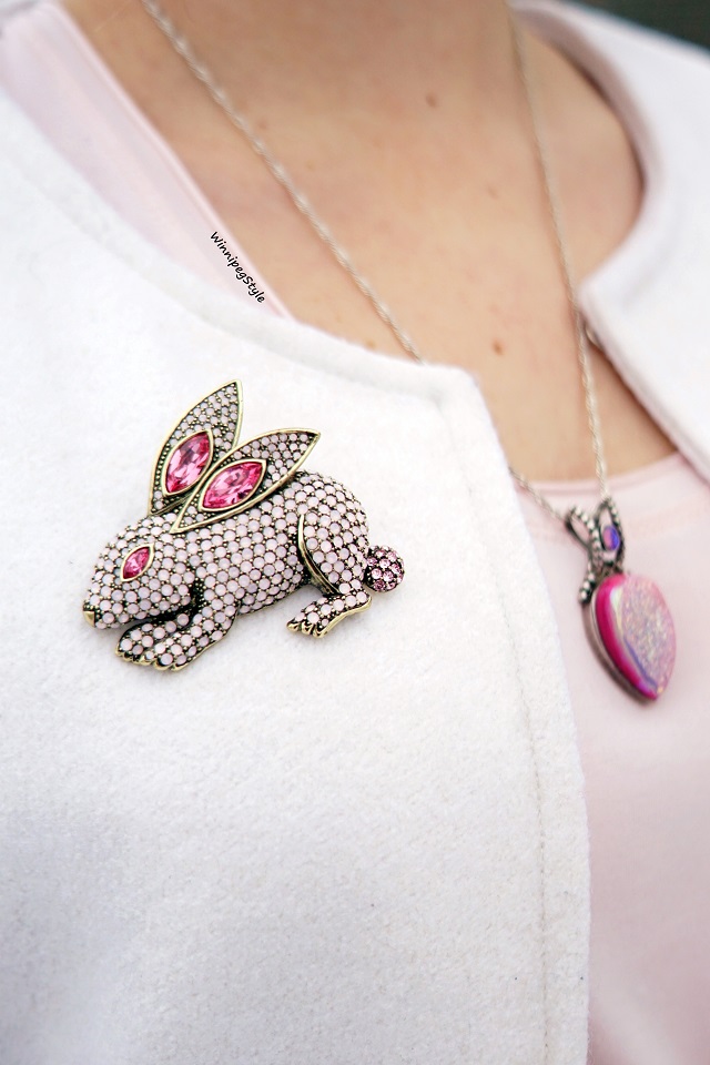 Winnipeg Style Canadian Fashion blog, Heidi Daus bunny opal crystal brooch pin, The Shopping Channel, Silver by Sajen druzy necklace